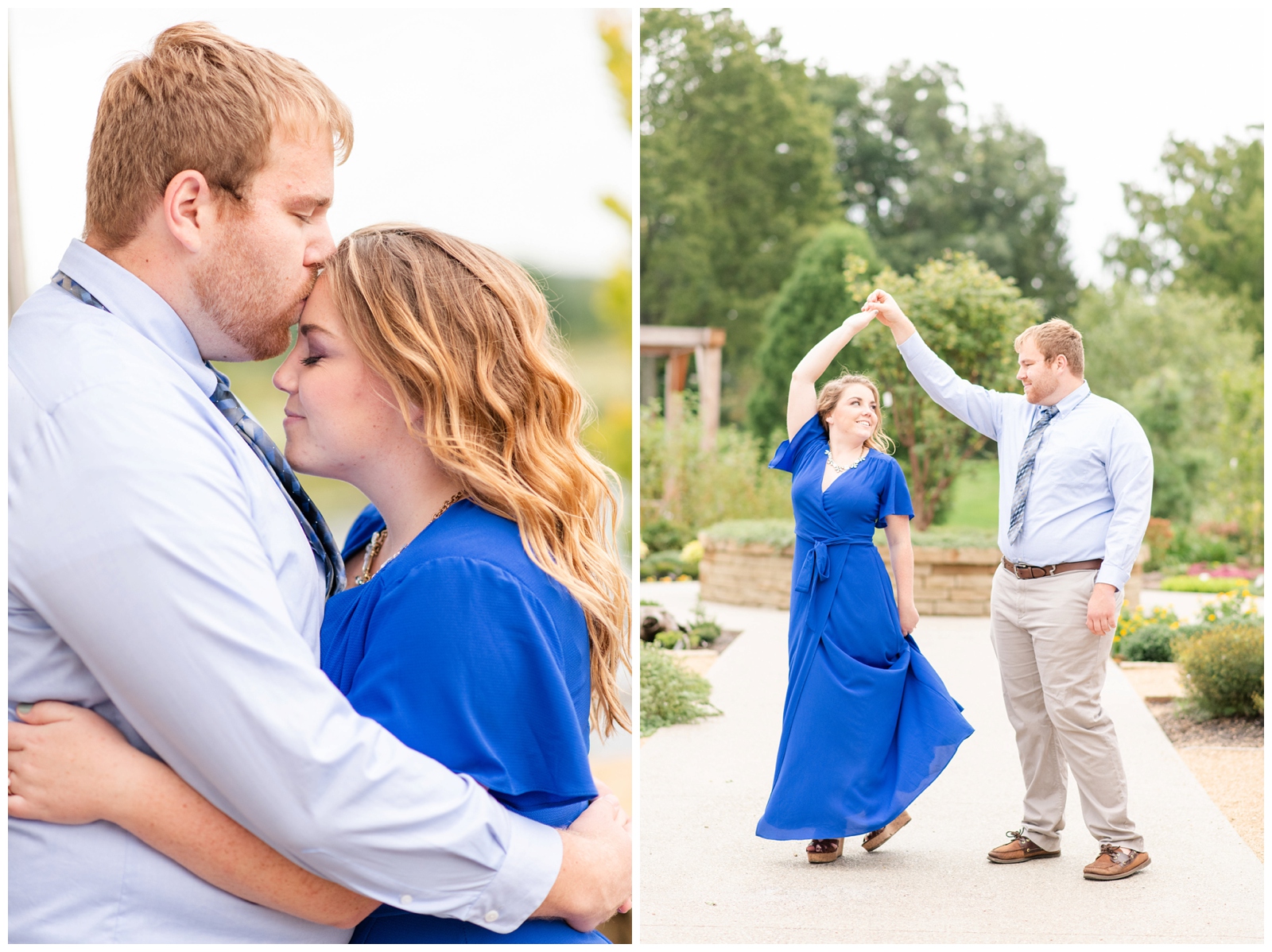 groom twirls bride-to-be in bright blue dress with brown sandal wedges during engagement portraits at Dawes Arboretum