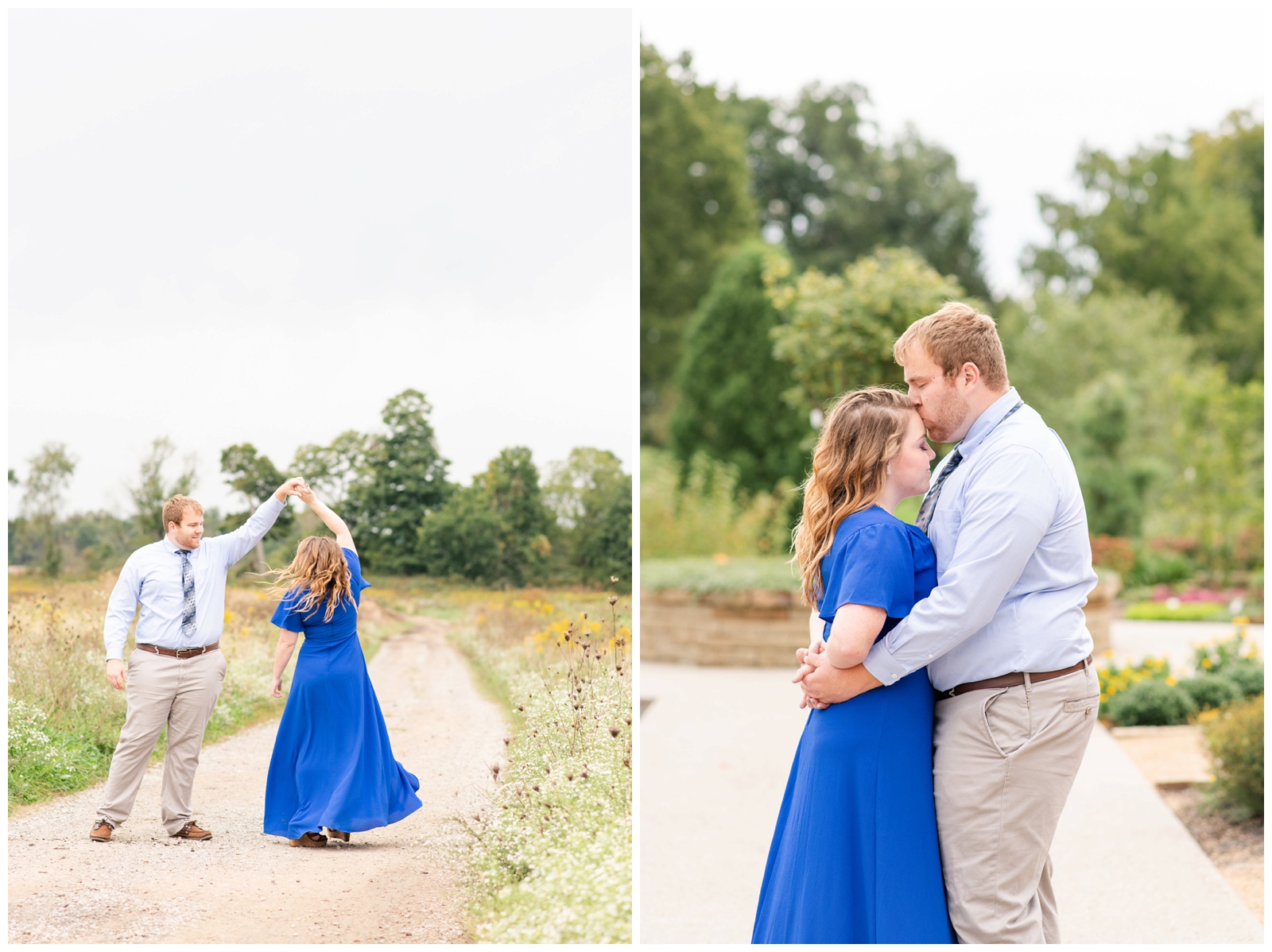 groom twirls fiancee during summer engagement session at Dawes Arboretum