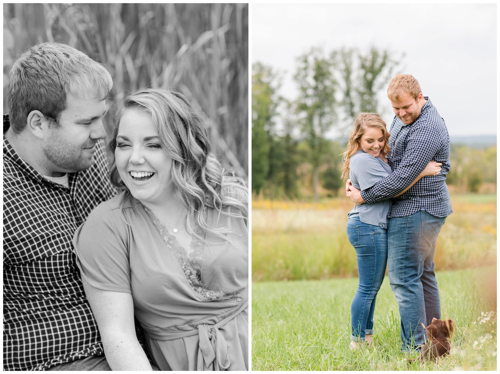 bride and groom smile and laugh at small puppy dog during Ohio engagement portraits
