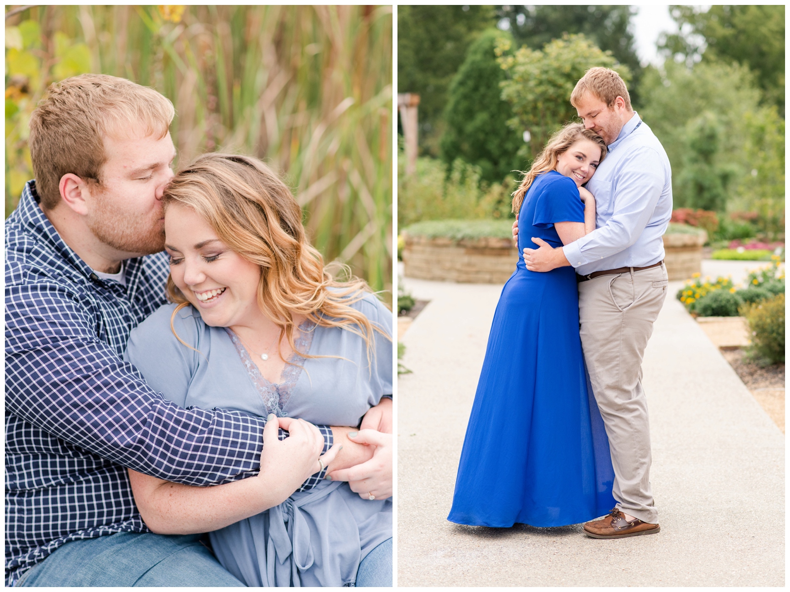 engaged couple in blue shirts snuggle during engagement portraits at Dawes Arboretum