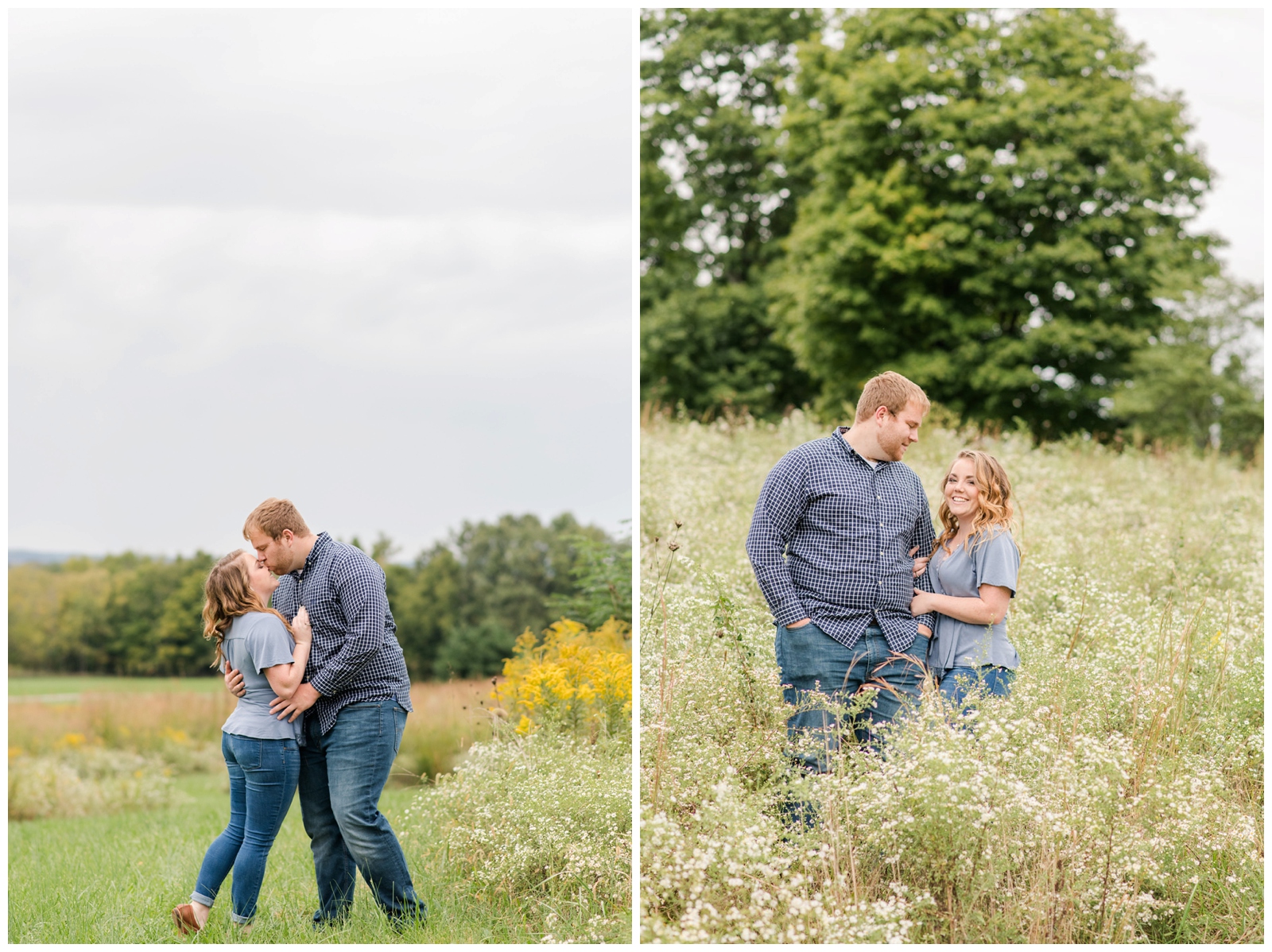 bride and groom in jeans and blue shirts kiss in tall field at Dawes Arboretum