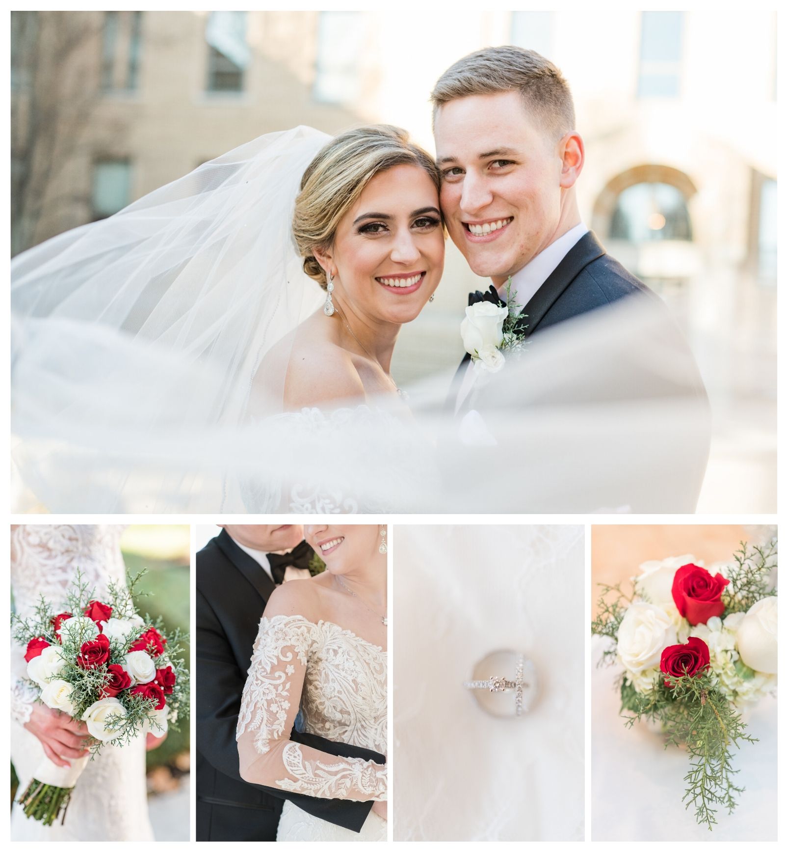 St. Charles Preparatory School Christmas wedding photographer by Pipers Photography with red and white details