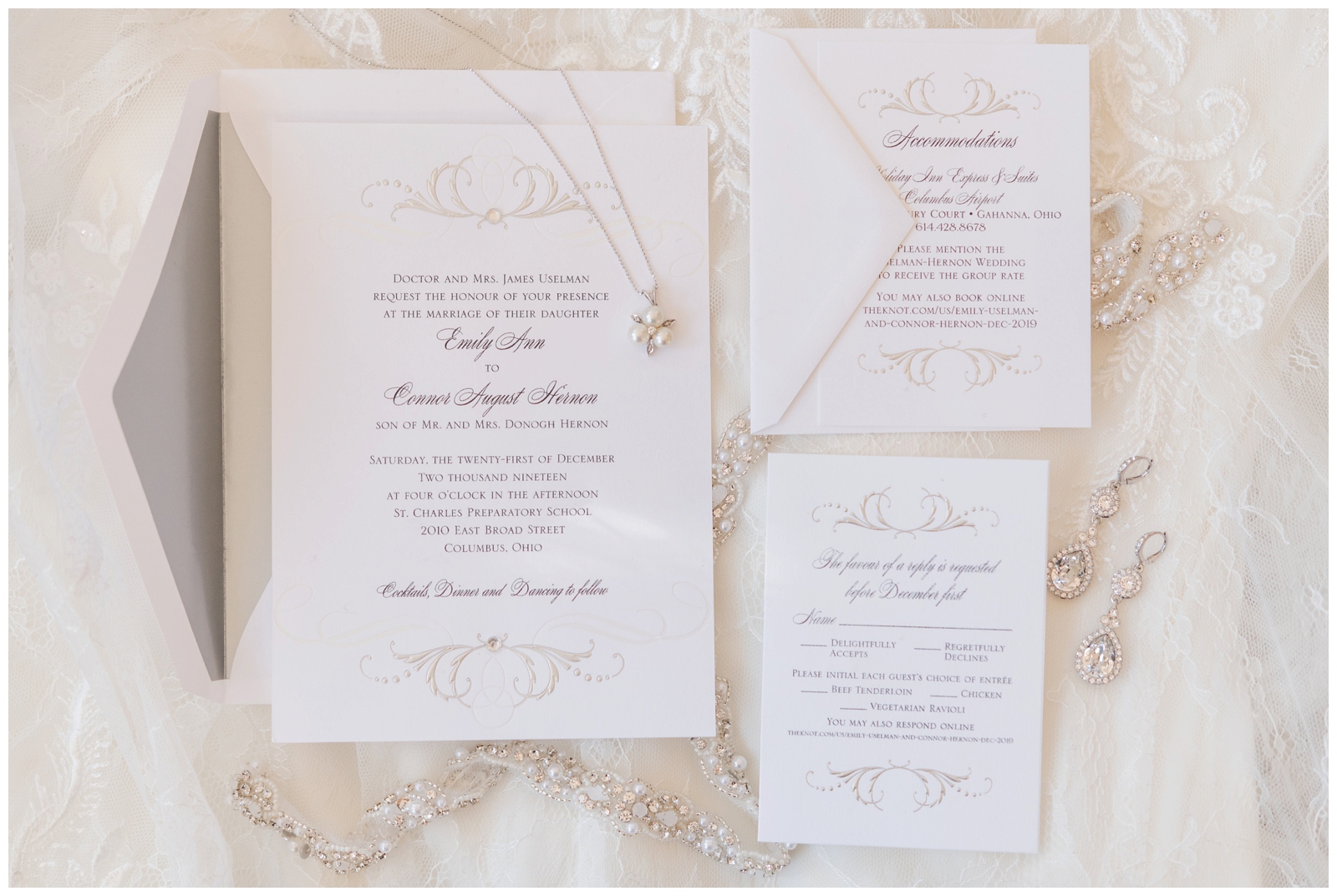 elegant ivory and gold wedding invitations for St. Charles Preparatory School wedding