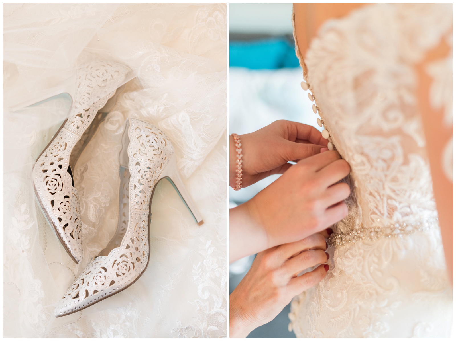 white lace inspired shoes for the bride and detail of family helping bride with buttons on dress