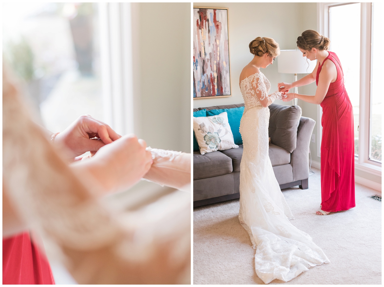 bridesmaid in red dress helps bride with bracelet for winter wedding