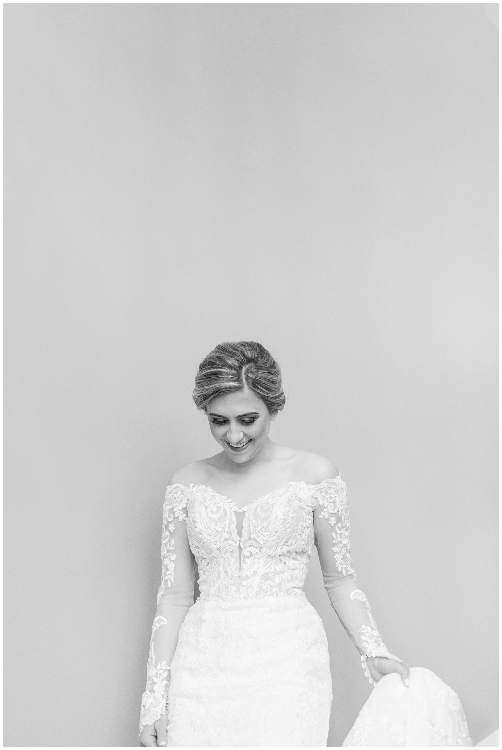 classic black and white bridal portrait of bride smiling