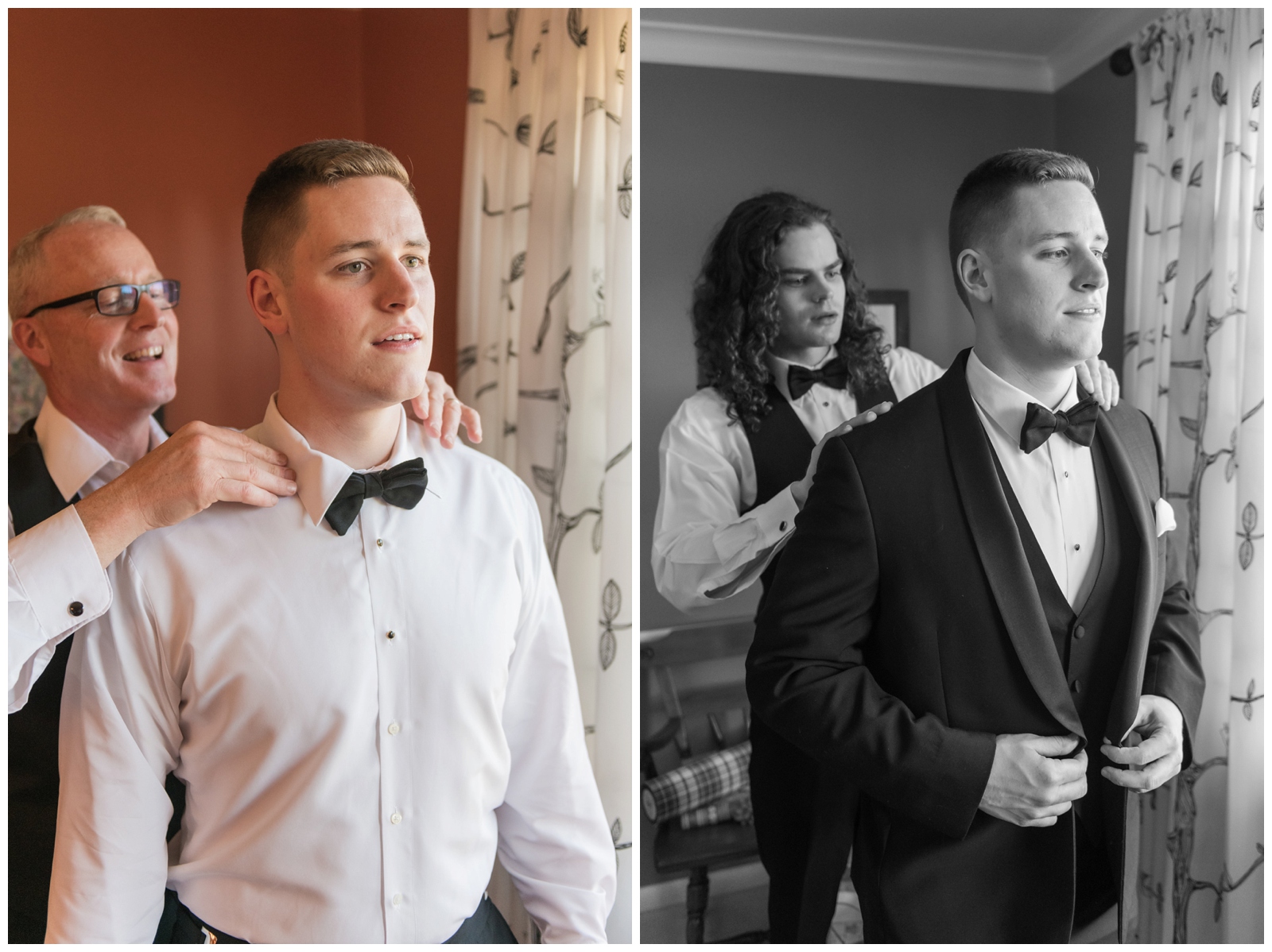 family helps groom with jacket and tie before OH wedding