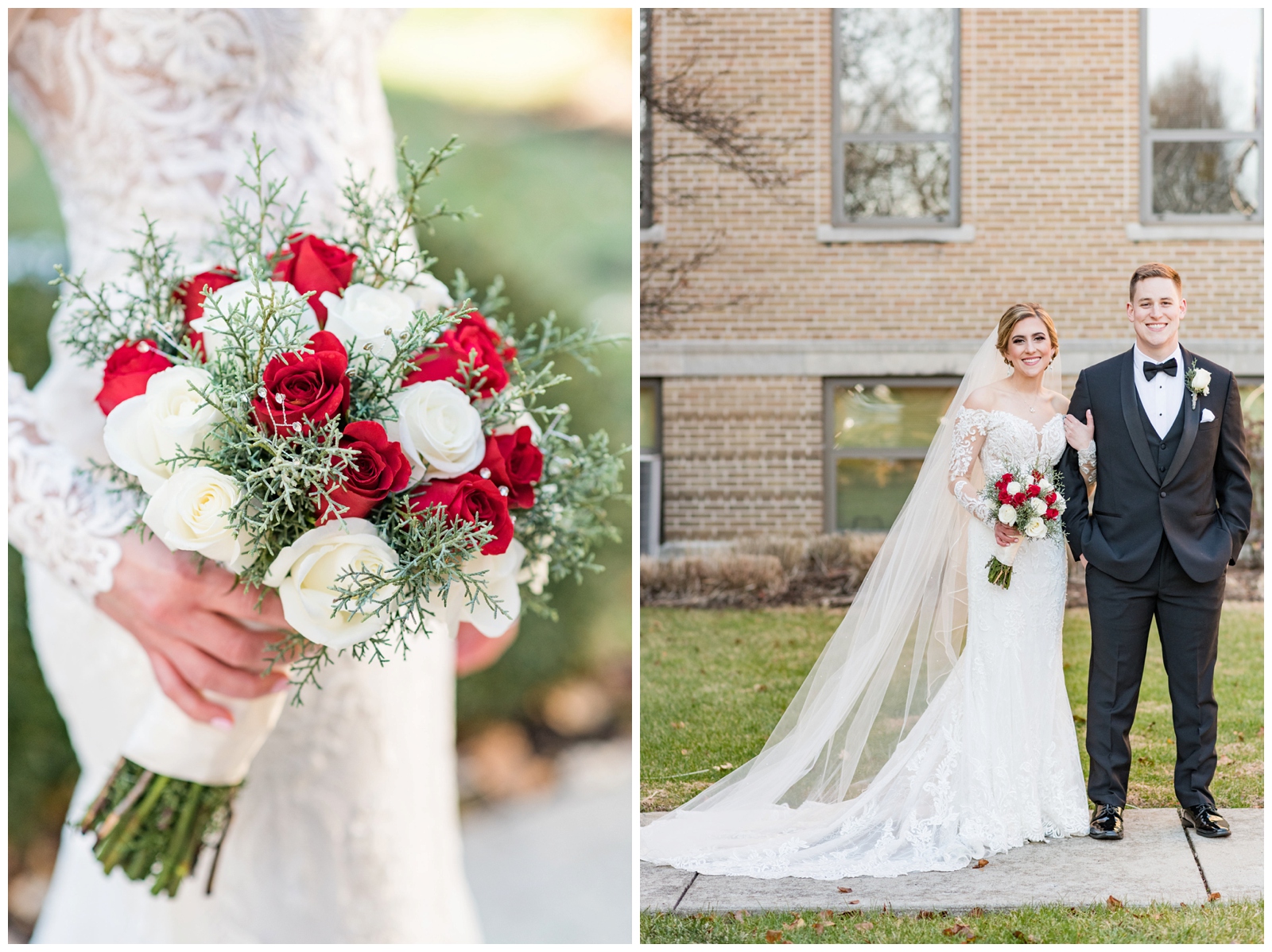 bouquet of red and white roses with greenery for Christmas wedding