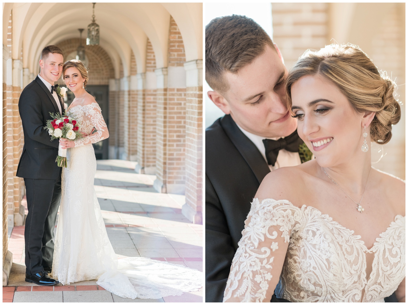 groom in classic tux holds bride in long sleeve lace wedding gown