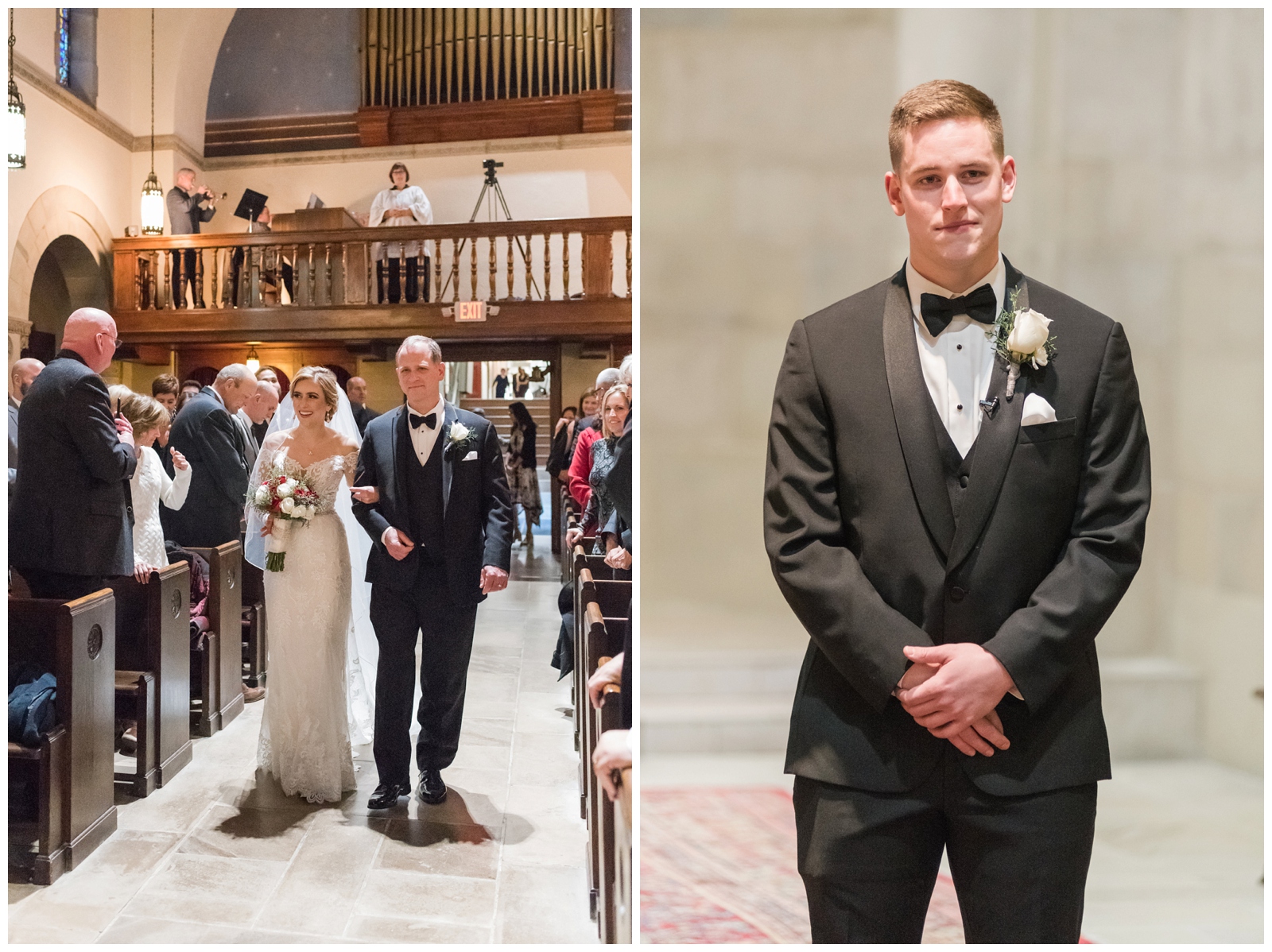 bride walks down the aisle at church with dad while groom watches in Columbus OH