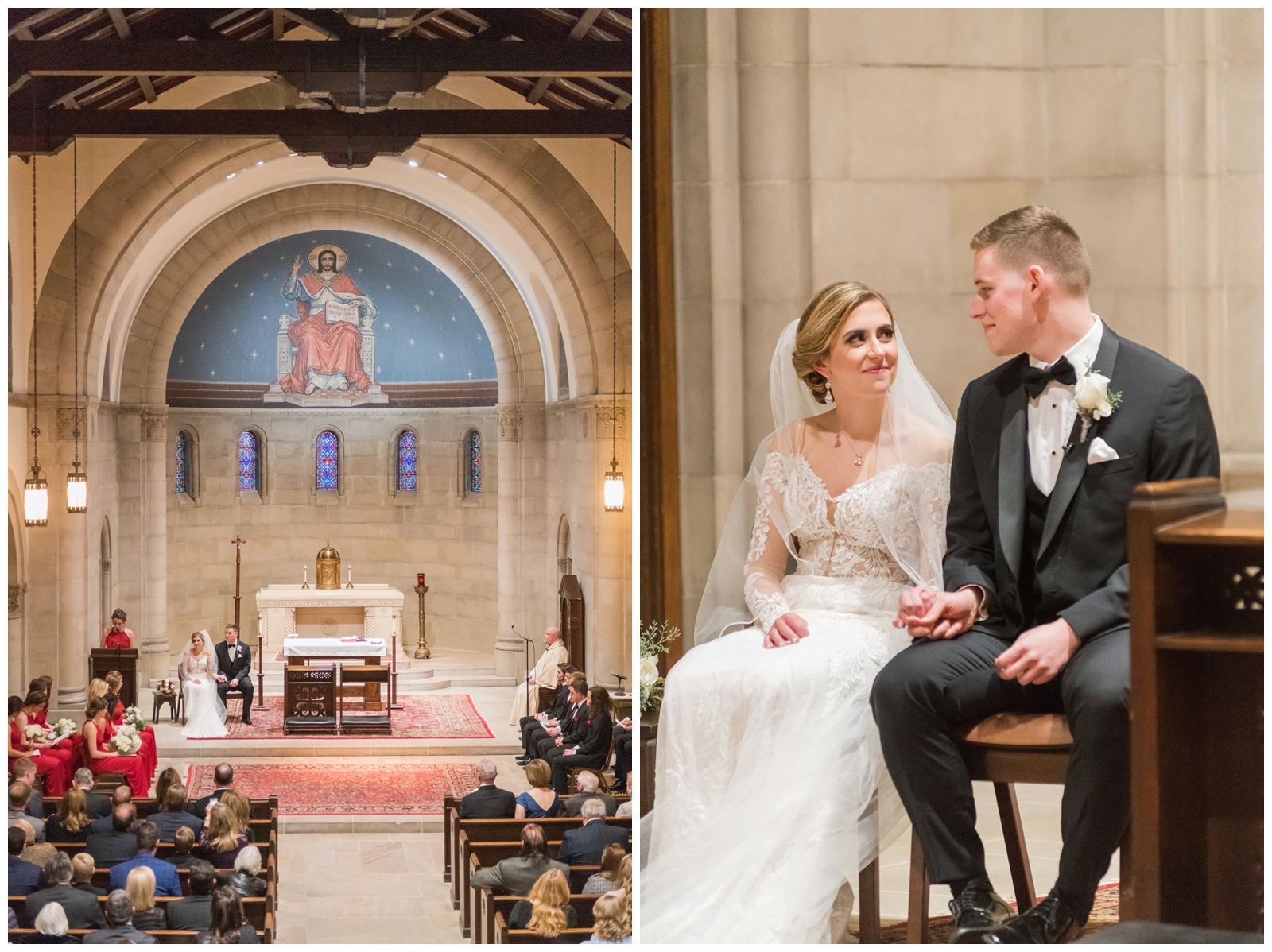 bride and groom look at each other during church wedding ceremony in Ohio
