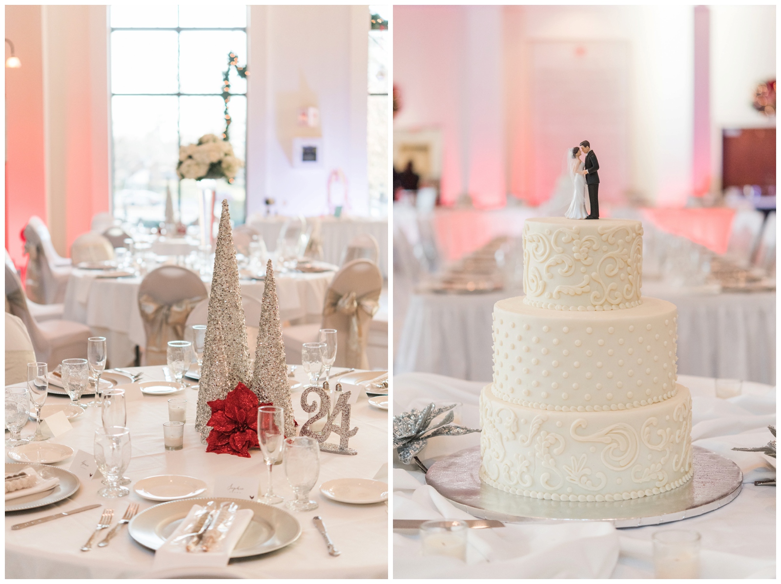 winter inspired centerpieces with silver trees and wedding cake with three tiers