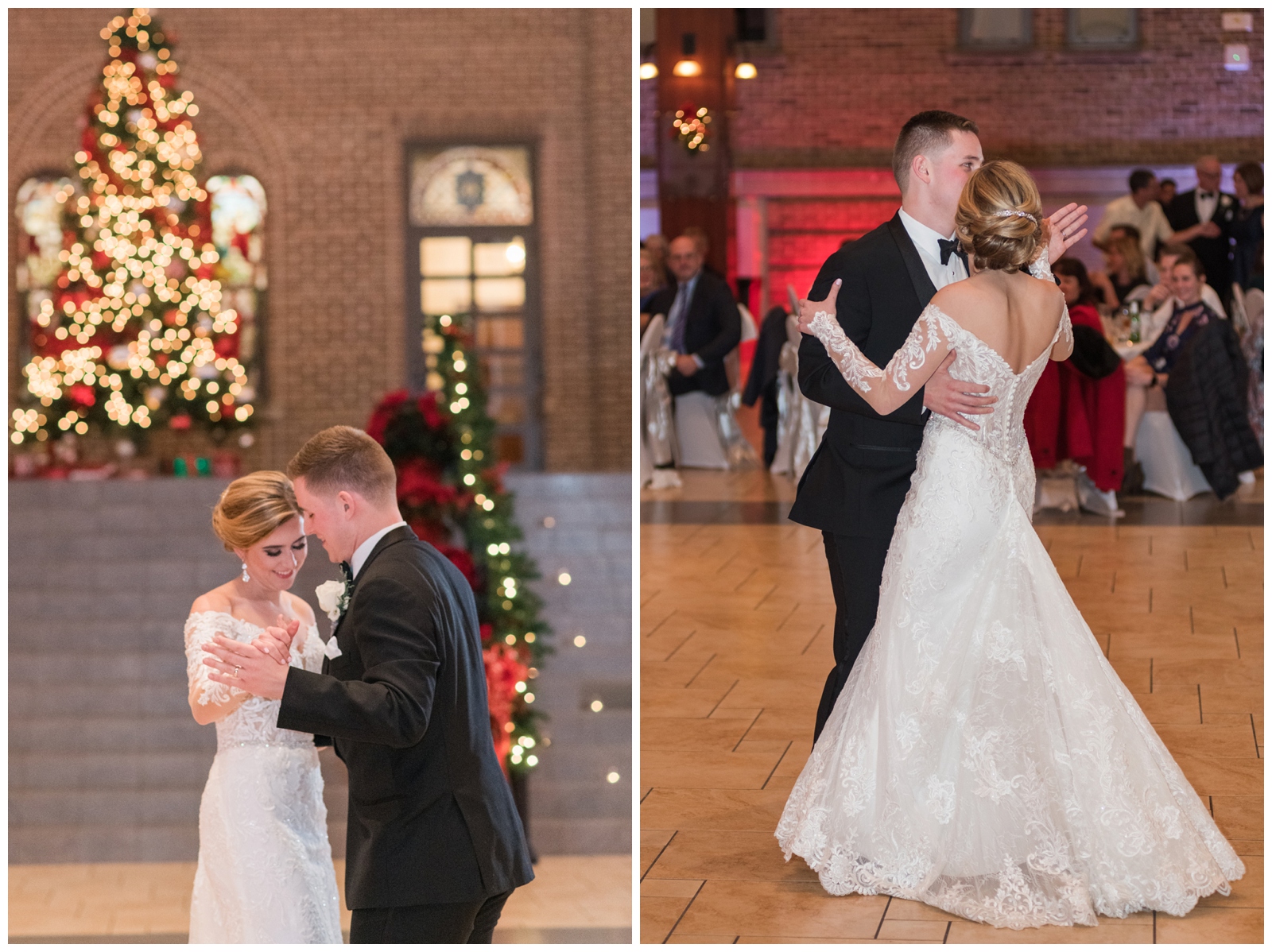bride and groom dance during Christmas wedding reception