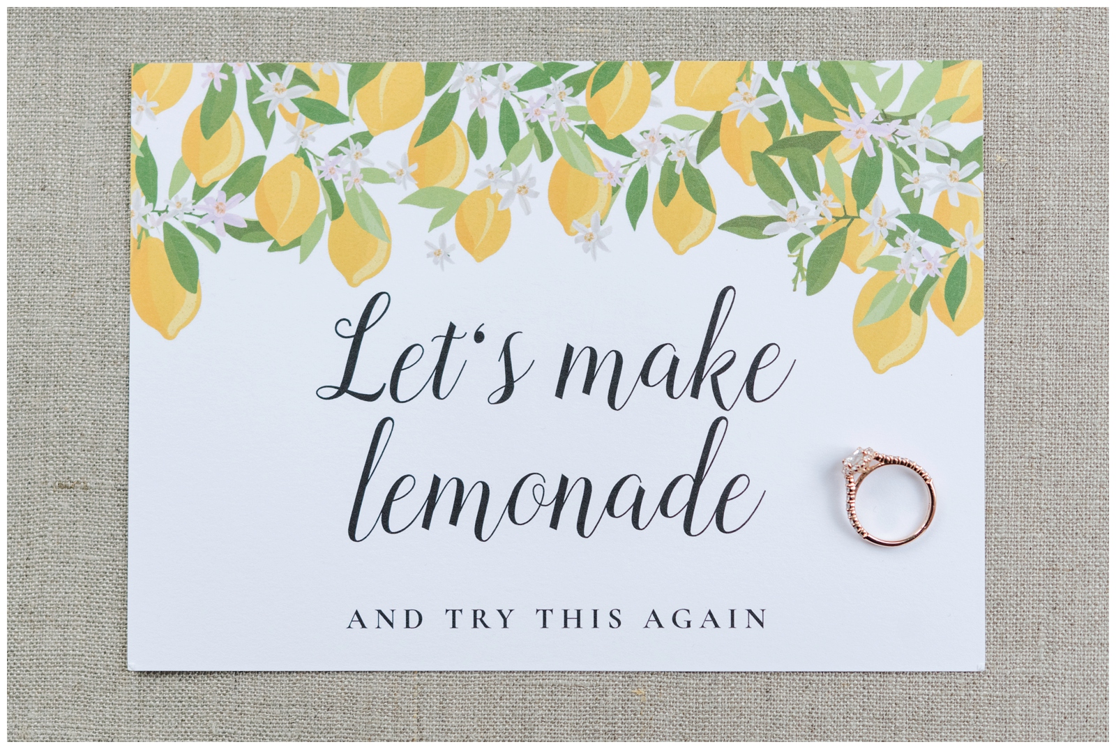 COVID-19 rescheduling wedding invitation with lemons and ring