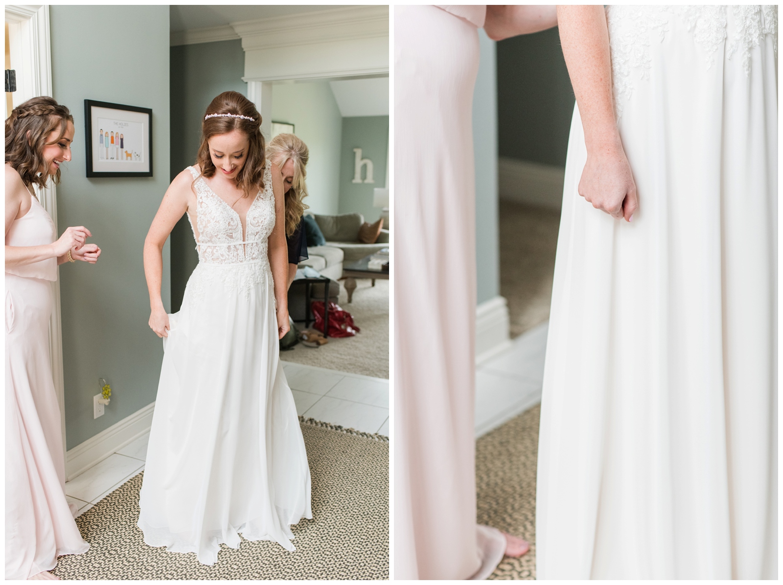 bride adjusts wedding gown before wedding day in Ohio