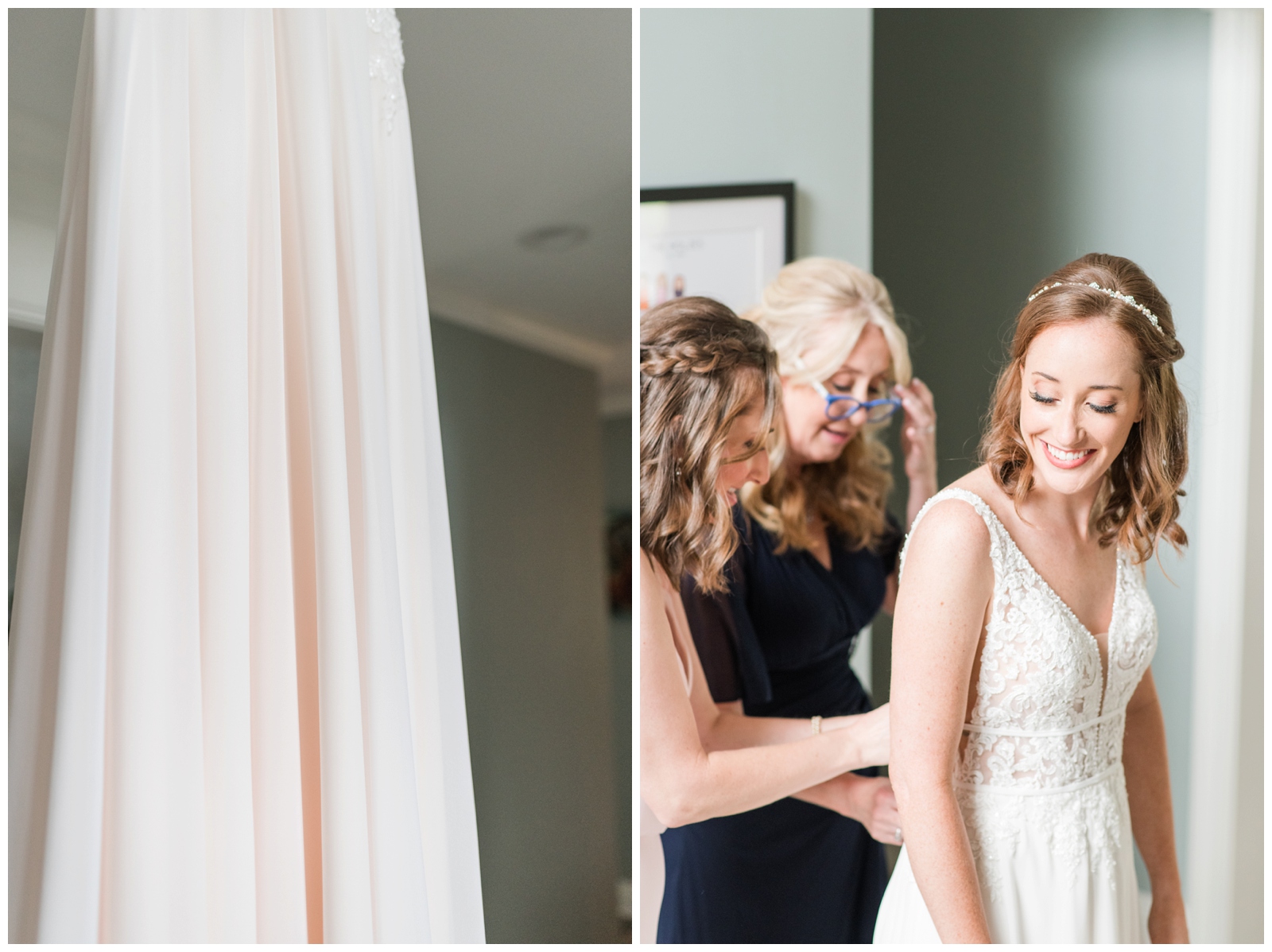 bridesmaids help bride into wedding dress before Ohio wedding ceremony