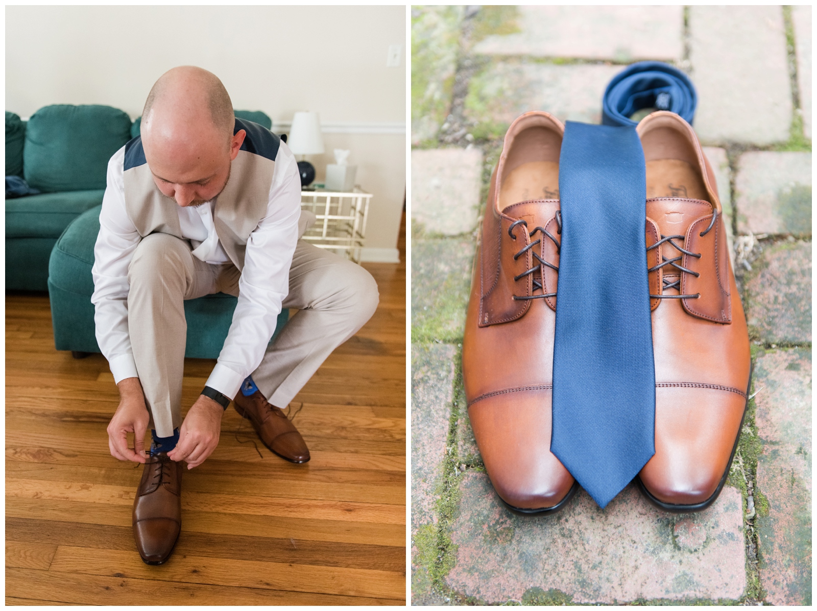 groom puts on shoes for Ohio wedding day