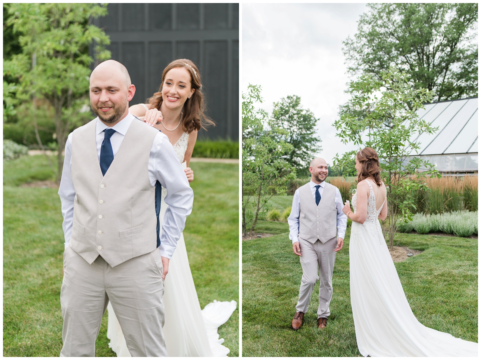 bride taps groom's shoulder and groom reacts to seeing bride before summer wedding in Ohio