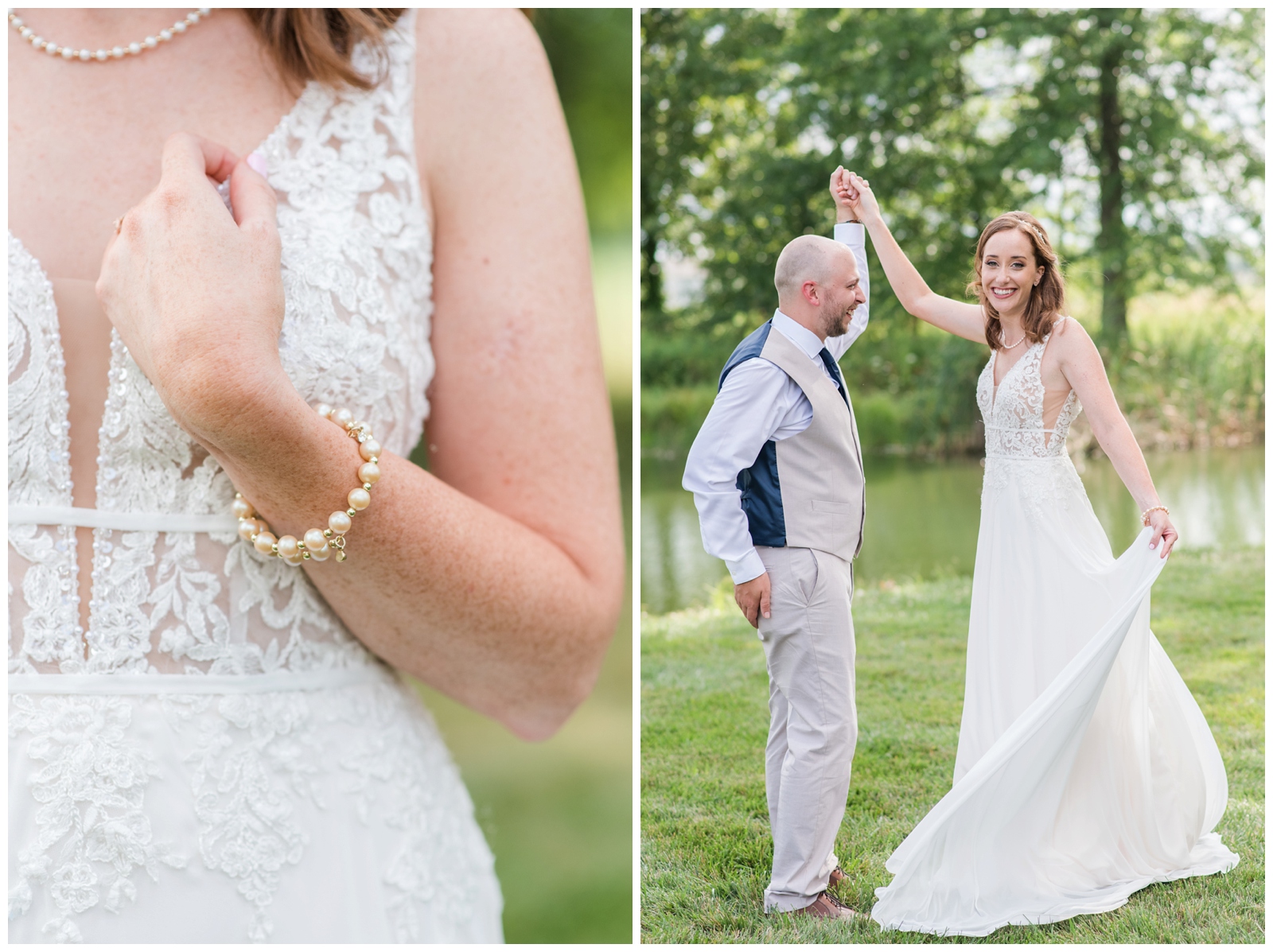 bride shows off pearl bracelet and dances with groom along river