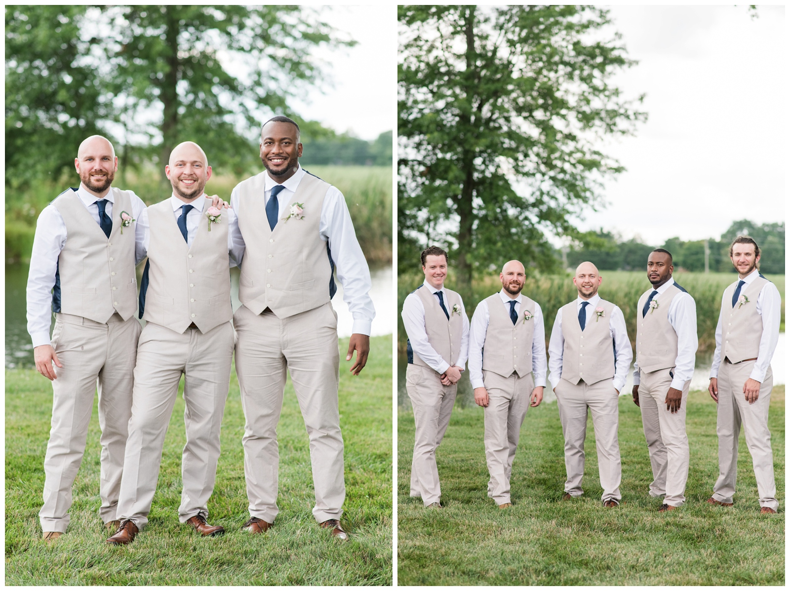 groom poses with groomsmen in tan vests and navy ties