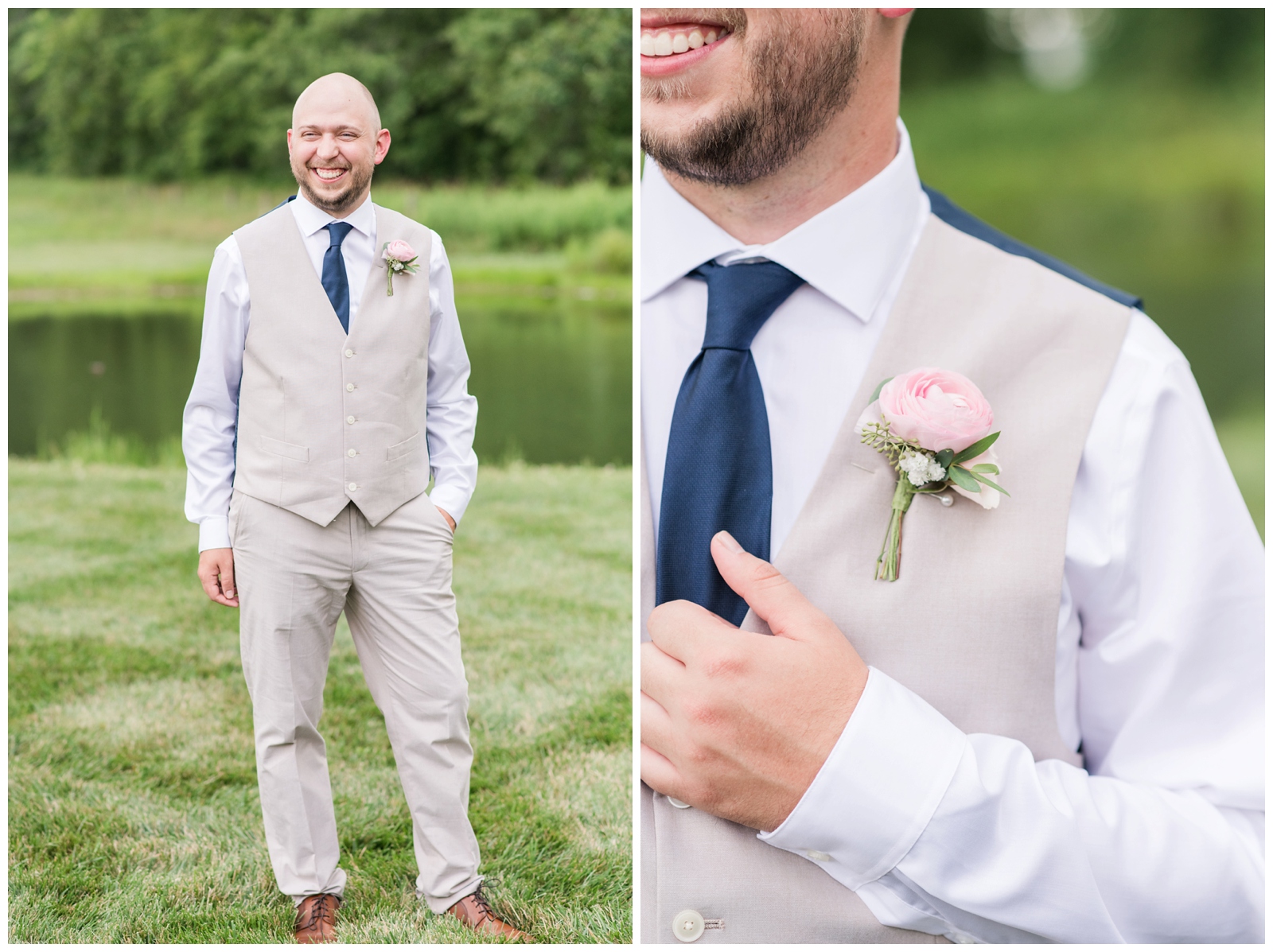 groom in tan vest with pale pink boutonnière 