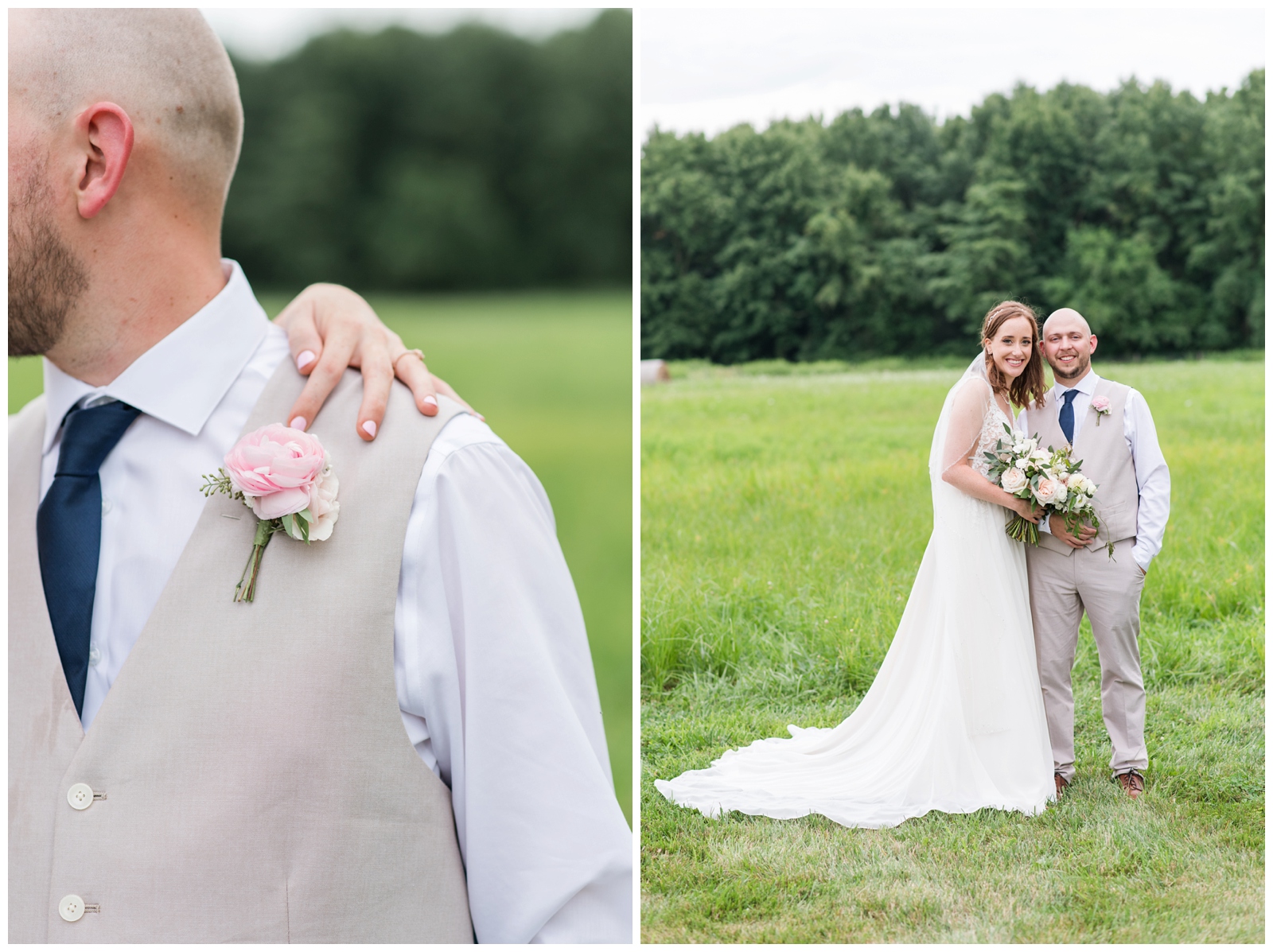 bride holds groom while standing in field in Ohio